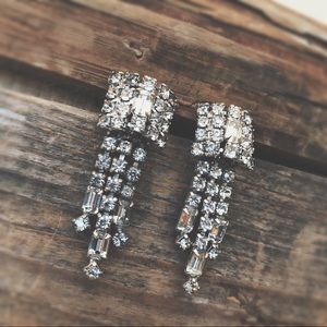Vintage 1940s Rhinestone Waterfall Earrings | Upcycled Pierced Baguette